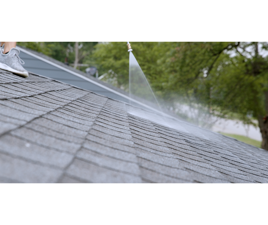 Technician applying a low-pressure soft wash across an asphalt shingle roof